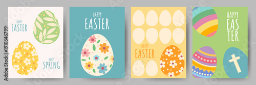 Easter greeting card set with patterned eggs. Spring Easter posters. Perfect for holiday greetings, posters, social media posts and seasonal design projects