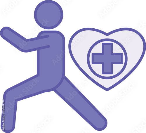 Colored Health Icon. Vector Icon. Person Exercising, Heart, and Cross. Healthy Lifestyle and Medicine