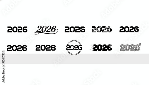 Various typography styles of the year 2026 displayed in a grid.