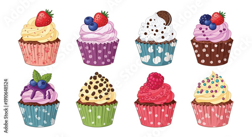 Assortment of colorful cupcakes with various frostings and toppings displayed