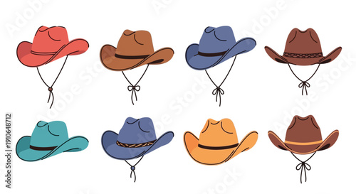 Collection of colorful cowboy hats with chin straps illustrated in a cartoon style