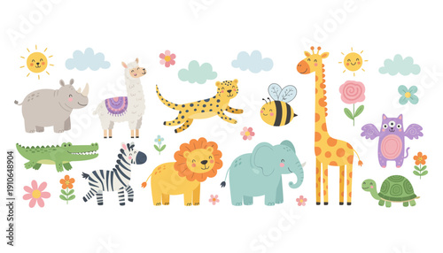 Colorful cartoon animals and flowers in a whimsical illustration.