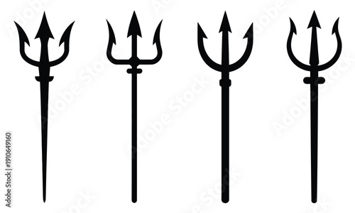 Trident Devil or Satan Icons Vector Set, vector icon collection featuring pitchfork symbols, devil and satanic imagery, Poseidon or Neptune tridents, hellish themes, mythological elements