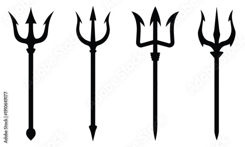 Trident Devil or Satan Icons Vector Set, illustrating pitchforks, Poseidon or Neptune symbols, hell and evil icons, dark mythology, supernatural and demonic concepts, and professional vector graphics 
