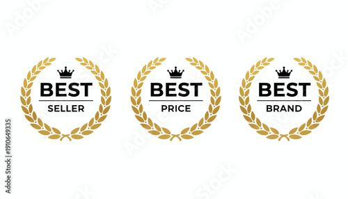 Three golden laurel wreath badges with Best Seller, Best Price, and Best Brand labels.