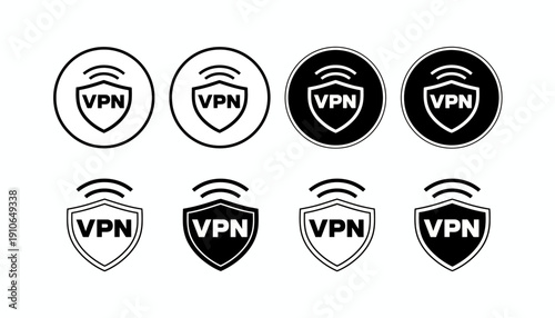 Collection of black and white VPN icons with shield and signal.