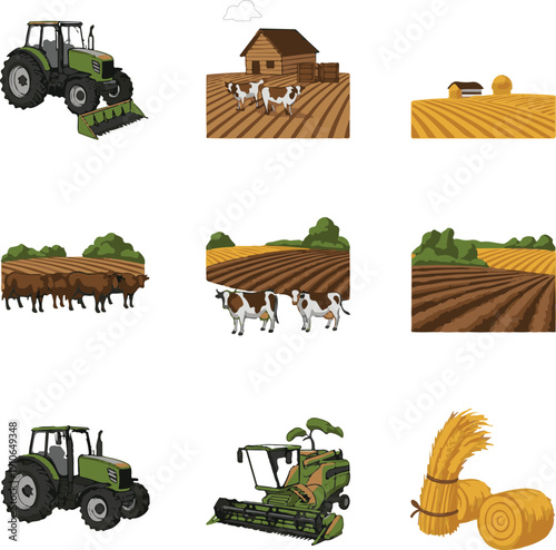 Modern Agriculture and Smart Farming Icon Set: Tractors, Livestock, and Agritech Drones