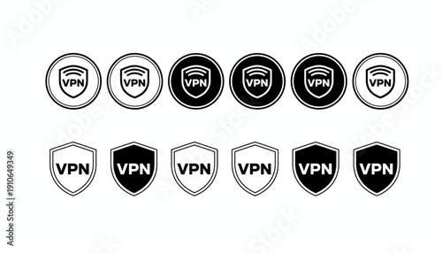 Collection of black and white VPN icons in various shapes and designs.