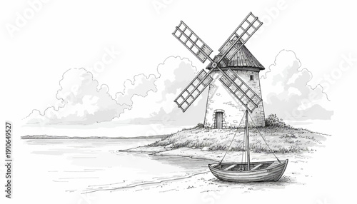 Serene seascape with traditional windmill and small boat.