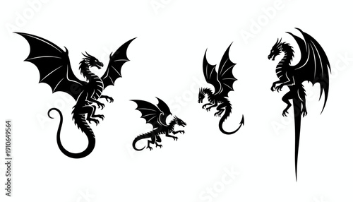 Four black dragon silhouettes in various poses and sizes.