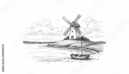 Serene black and white illustration of a windmill by the water.