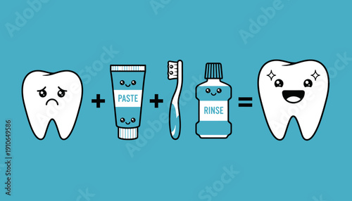 Cartoon illustration of a tooth transformed by oral hygiene products.