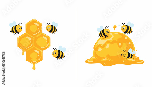 Honeycomb and honey with bees in a digital illustration.