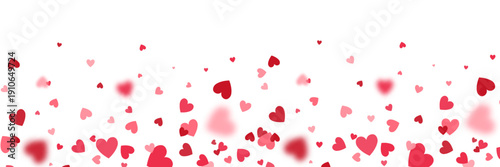 Heart long bg. Valentines Day banner for greeting cards, gift packages. Bright hearts confetti falling on white background. Celebration party frame. Wedding design. Vector illustration