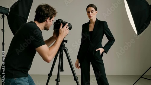 A professional video shoot captures a model in a sleek black suit. The side angle highlights the studio setup with lights and camera equipment.