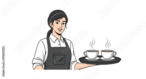 A smiling waitress carries a tray with two steaming cups of coffee