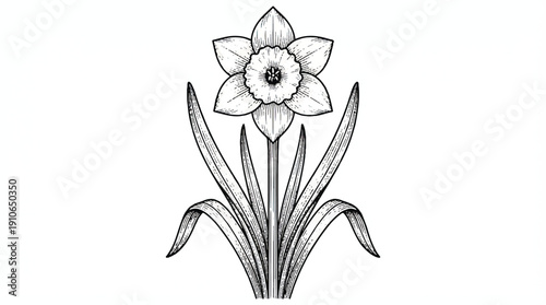 a black and white drawing of a daffodil with long leaves and a large flower