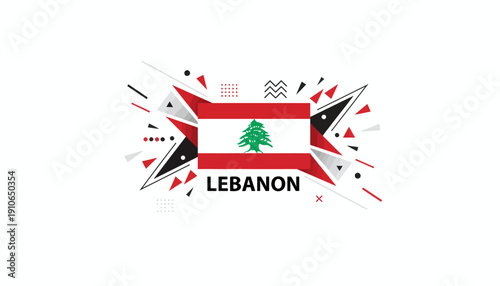Lebanon flag emblem with abstract geometric shapes and bold typography.