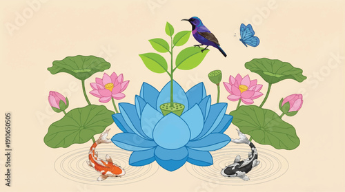 A serene pond scene with a blue lotus flower and koi fish swimming in the water surrounded by green leaves and pink flowers with a bird and butterfly nearby