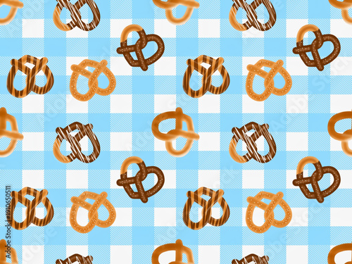 Seamless  pattern pretzel in various variant on gingham background.