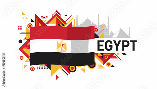 Egyptian flag with geometric shapes and Cairo skyline elements.
