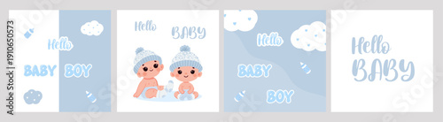 Blue vector greeting cards for the birth of twins, twins, children, with clouds and hearts in a style isolated on a white background.