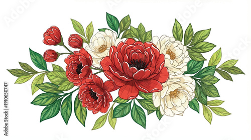 beautiful bouquet of red and white flowers with green leaves on white background