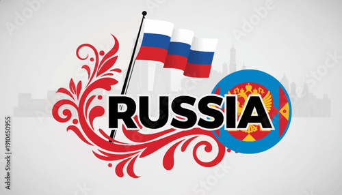 Russian national flag and emblem with decorative elements.