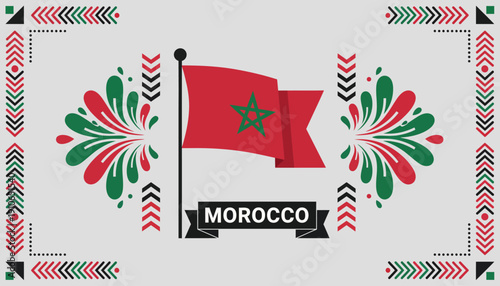 Moroccan flag with decorative elements and national emblem.