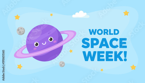 Purple Cartoon Planet with Ring and Stars Celebrating World Space Week.