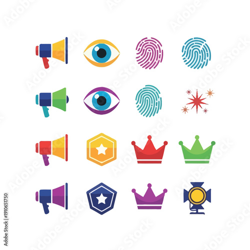 Flat lay of colorful icons including megaphones, eyes, fingerprints, stars, badges, and crowns on a white background.
