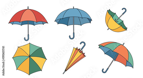 Colorful umbrellas in various styles and orientations are displayed