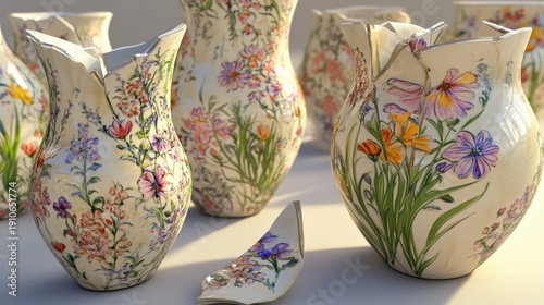 An artful arrangement of floral ceramic vase shards scattered on a table, alongside elegant vases, displaying intricate artistic patterns and delicate designs, creating a still life tableau.