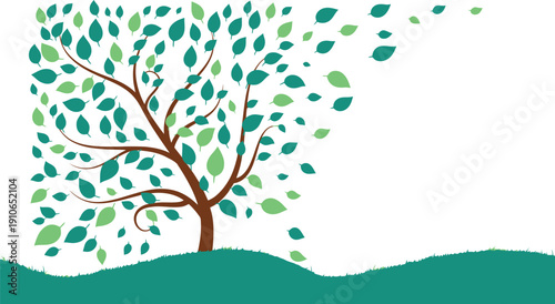 Stylized illustration of a tree with colorful leaves blowing in the wind, set against a white background with green grass.