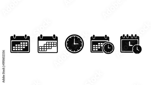 Vector illustration of set of calendar and clock icons for scheduling and time management on a transparent background