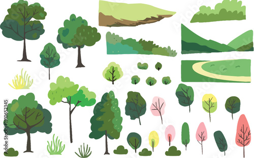Whimsical flat illustration elements of diverse trees, bushes, and landscape segments in vibrant green hues for nature scenes.