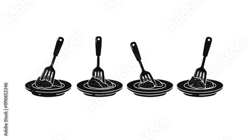 Vector illustration of set of four different spaghetti and fork icons on plates, food eating process illustration on a transparent background