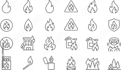 Set of line icons illustrating fire safety, including flames, warning signs, fire extinguishers, smoke detectors, and matches.