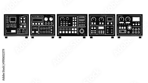 Vector illustration of set of five black and white electronic equipment front panels, vintage radio transceiver modules, on a transparent background