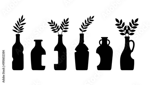 Vector illustration of set of six black silhouette vases and bottles with greenery sprigs on a transparent background