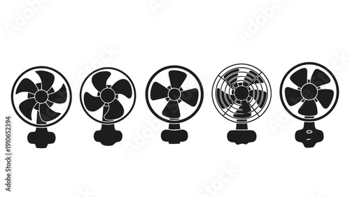 Vector illustration of set of five different electric fan icons in black silhouette style on a transparent background