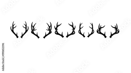 Vector illustration of set of eight different deer antler silhouettes and icons for hunting or wildlife design on a transparent background