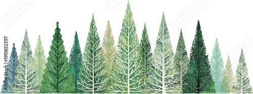 Artistic horizontal banner of stylized evergreen trees in various shades of green with textured patterns, creating a festive winter forest.