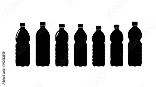 Vector illustration of set of seven different plastic beverage bottles silhouettes in black on on a transparent background