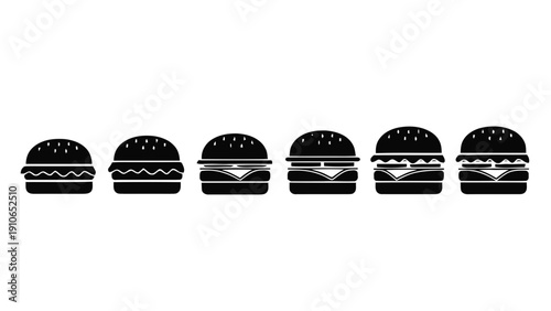 Vector illustration of set of six black silhouette icons representing different sizes and compositions of hamburgers or cheeseburgers, a on a transparent background