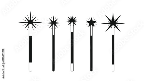 Vector illustration of set of five black magic wands with sparkling stars at the tips, on a transparent background