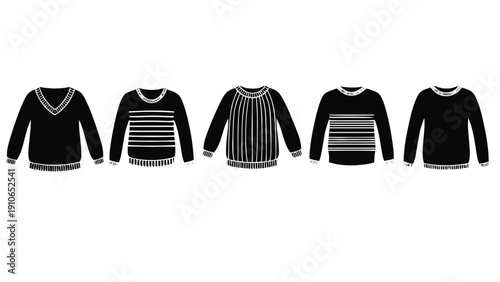 Vector illustration of set of five black sweaters with different necklines and patterns vector icons on a transparent background