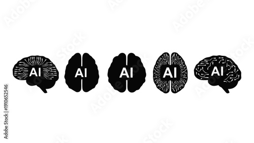 Vector illustration of five stylized black and white icons representing artificial intelligence ai brains in various crosssection and profile views, on a transparent background