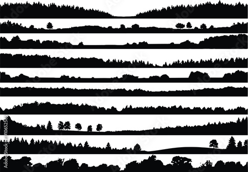 Collection of diverse forest and landscape silhouettes, including dense woods, rolling hills, and sparse trees.