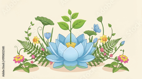 Blue lotus flower surrounded by green leaves and colorful flowers